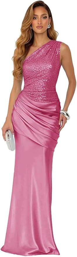 Sparkly Sequins Mermaid Prom Dress 2026 for Women Long Satin One Shoulder Asymmetrical Pleated Formal Evening Gown