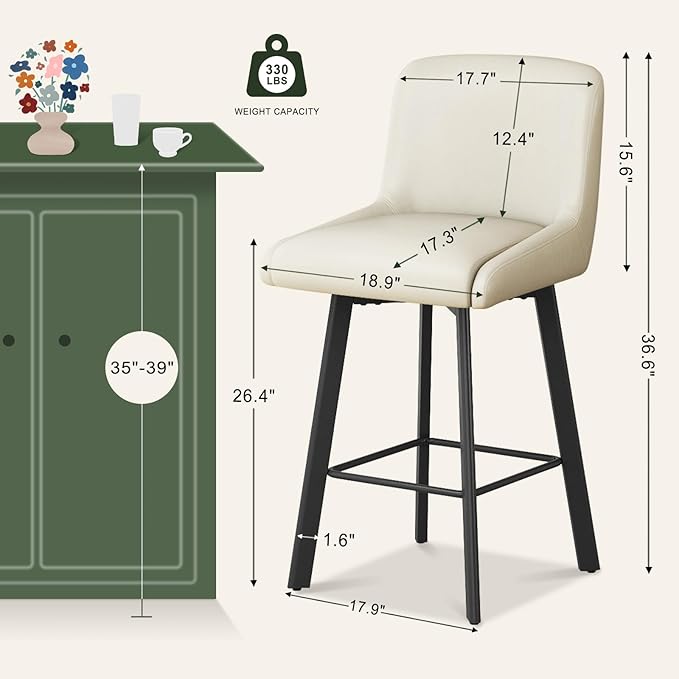 Swivel Bar Stools, 26''H Upholstered Barstools with Backs, Modern Counter Height Bar Stool Chairs for Kitchen Island, Metal Legs (Beige- Faux Leather, Set of 2-26" H)