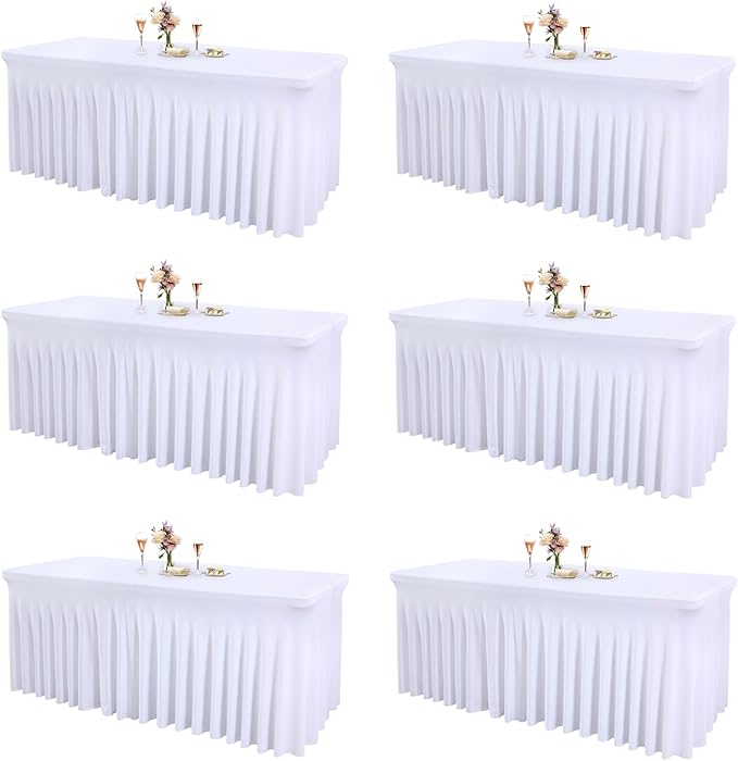 6 Packs White Tableclothes for 8 Foot Rectangle Tables, Wrinkle Resistant Fitted Table Cloth Stretch Spandex Table Covers with Skirt for Event Banquet Wedding Birthday Party