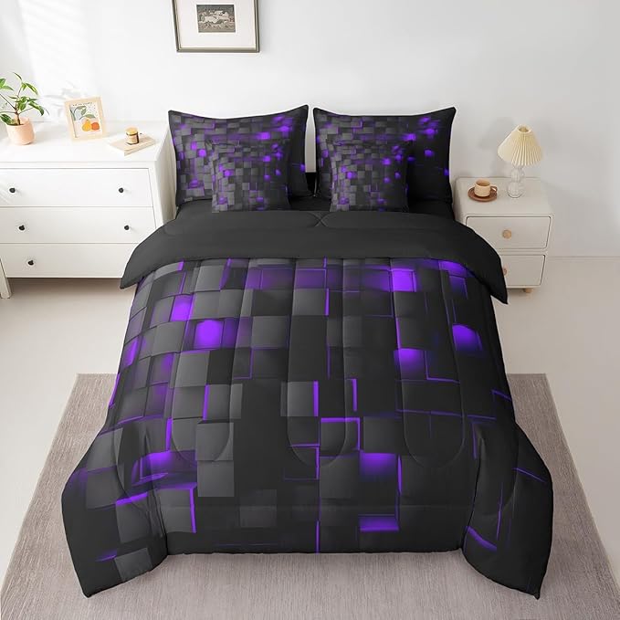 Feelyou Purple and Black Bedding Set Full Size Kids Light Geometric Comforter Set with Sheets 7 Piece Bed in a Bag forModern Bed Set with Comforter,Sheets,Pillowcases,Cushion Covers