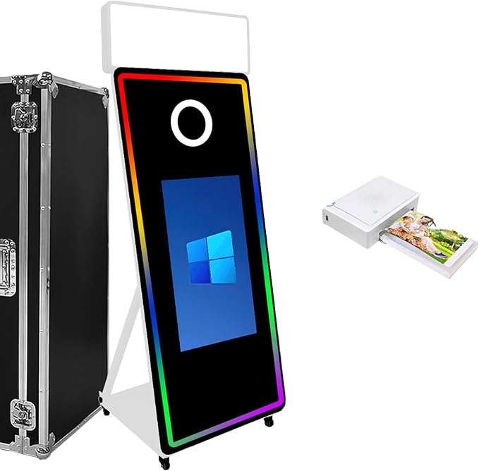 Magic Mirror Photo Booth,Mirror Photo Booth Interactive Touch Screen with Flight Case, Built-in Mini PC with Instant Print and Sharing for Event Party Wedding Rental (White, 32''Screen+Printer)