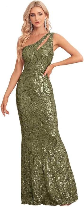 One Shoulder Formal Sequin Dress for Women Sparkly Bodycon Evening Gowns Maxi Mermaid Ball Long Dresses