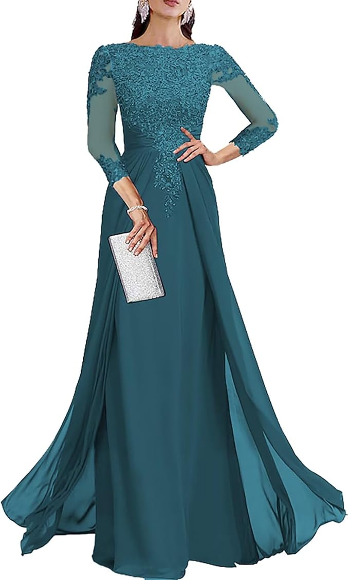Long Sleeve Mother of The Bride Dresses for Wedding Lace Appliques Chiffon Formal Dress He6052