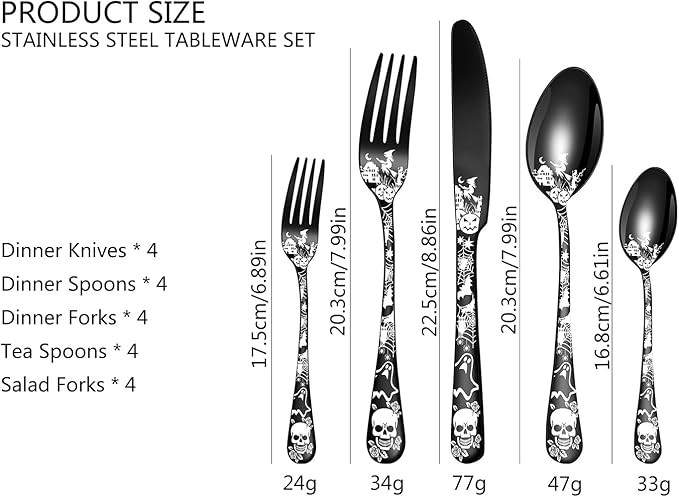 XIAOYU Halloween Themed Skeleton Silverware Set for 4, 20-Piece Stainless Steel Flatware Set, Gothic Skeleton Pattern Decorative Cutlery Set, Halloween Easter and Christmas Tableware, Gold