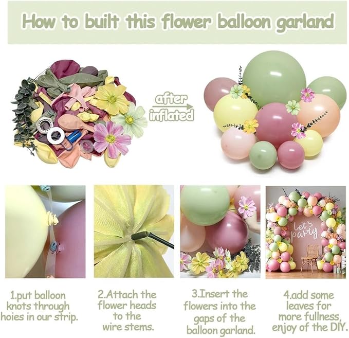 Dusty Green Pink Yellow Balloon Arch Artificial Flower Leaves Double Stuffed Pastel Green Pink Peach Mauve Balloon Garland Kit for Birthday Baby Shower Wedding Fairy Flower Easter Tea Party Decor