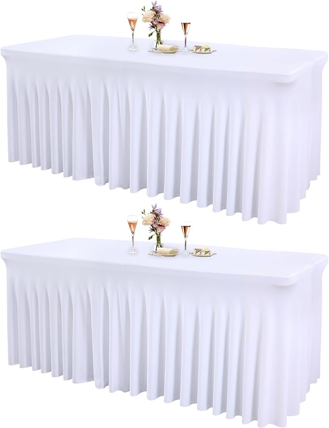 2 Packs White Tableclothes for 4 Foot Rectangle Tables, Wrinkle Resistant Fitted Table Cloth Stretch Spandex Table Covers with Skirt for Event Banquet Wedding Birthday Party