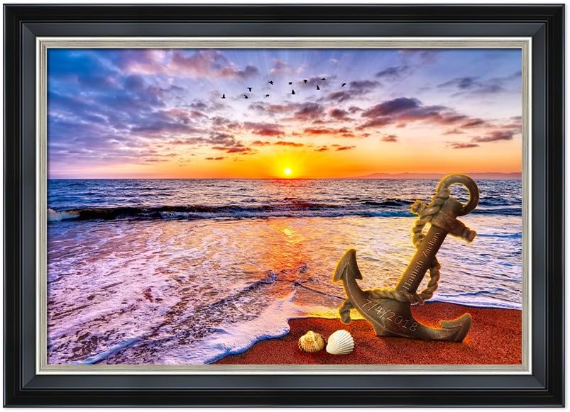 IPIC - "Anchored in Time Personalized Wall Art with Name and Date, Custom Beach Sunset Canvas Print with Solid Wood Frame, A Personalized Gift for Couple, Wedding, or Anniversary