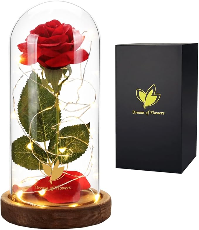 Valentines Day Gifts for Her Beauty and The Beast Rose,Red Rose in Glass Dome with 2 Lights Modes, Valentines Flower Gifts for Women Mom Wife Girlfriend on Valentines Anniversary,Birthday,Wedding