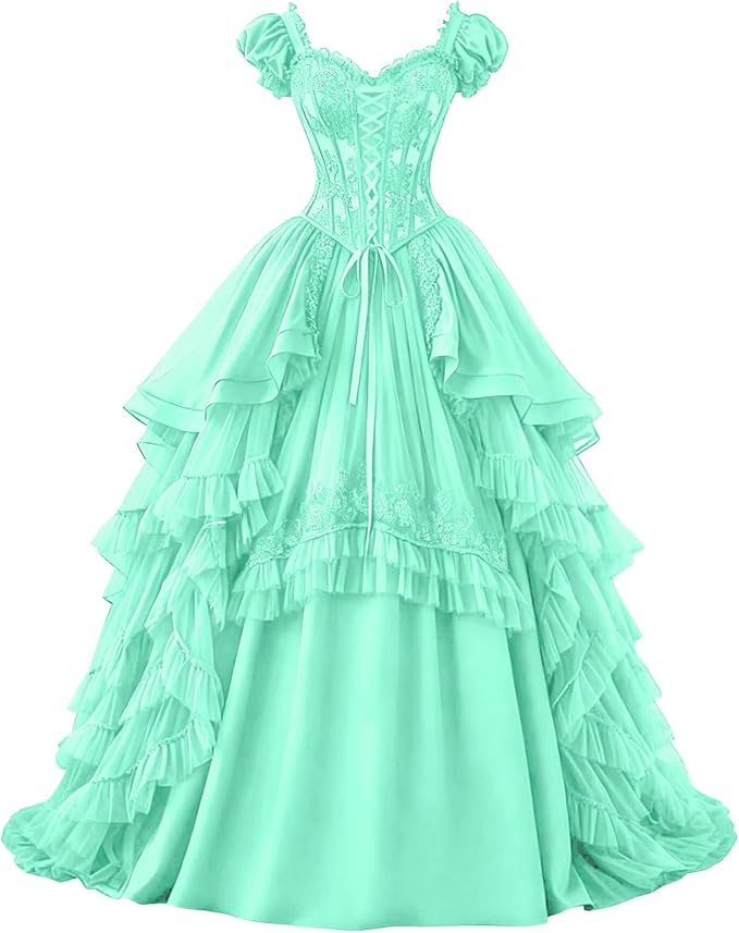 Ftupza Gothic Wedding Dresses Lace Appliques 1800s Victorian Dresses for Women Layered Tulle Prom Dress Long Ball Gown