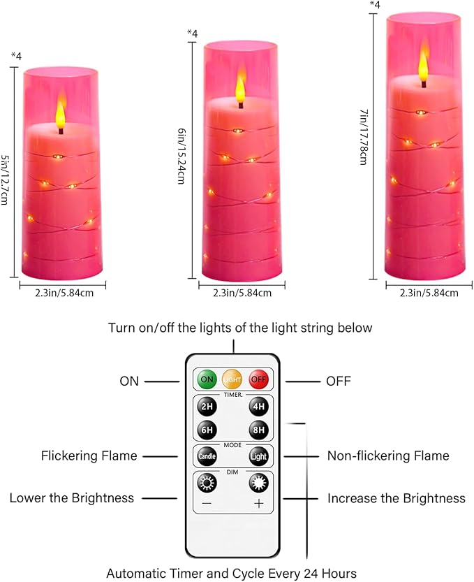 Flameless Candles with Embedded Star String - Battery Operated LED Candles, with Remote,12 Pink Flickering Candles for Christmas, Weddings, Home Decor & Party,(D 2.3"×H 5" 6" 7")