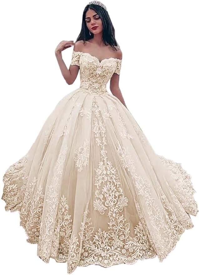 TRHTX Off Shoulder Lace Wedding Dresses for Bride Appliques Bridal Gowns for Women A-line Wedding Gowns with Train