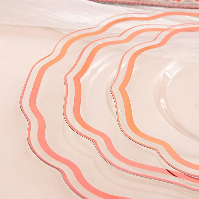 NOCCUR 150PCS Rose Gold Plastic Plates&Rose Gold Silverware-Include 30Dinner Plates, 30Salad plates, 90 Disposable Rose Gold Utensils- Ideal for Weddings/Party/Valentines Day