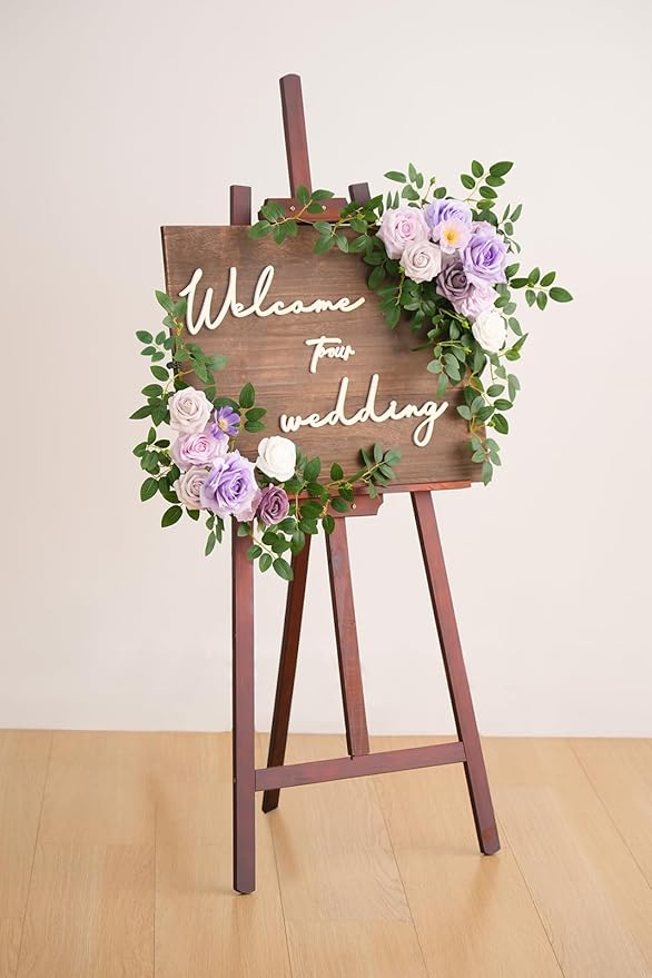 2pcs Purple Deluxe Welcome Sign Artificial Flowers Wedding Backdrop Garland Hanging Floral Arrangements for Ceremony Reception Entryway Board Sweetheart Table