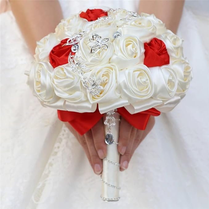 Red and Ivory Wedding Bridal Bouquet Handmade with Rhinestone Brooch Satin Rose Flower Bouquet for Bride Bridesmaid Quinceanera Bouquet Wedding Red and Ivory 9.8in