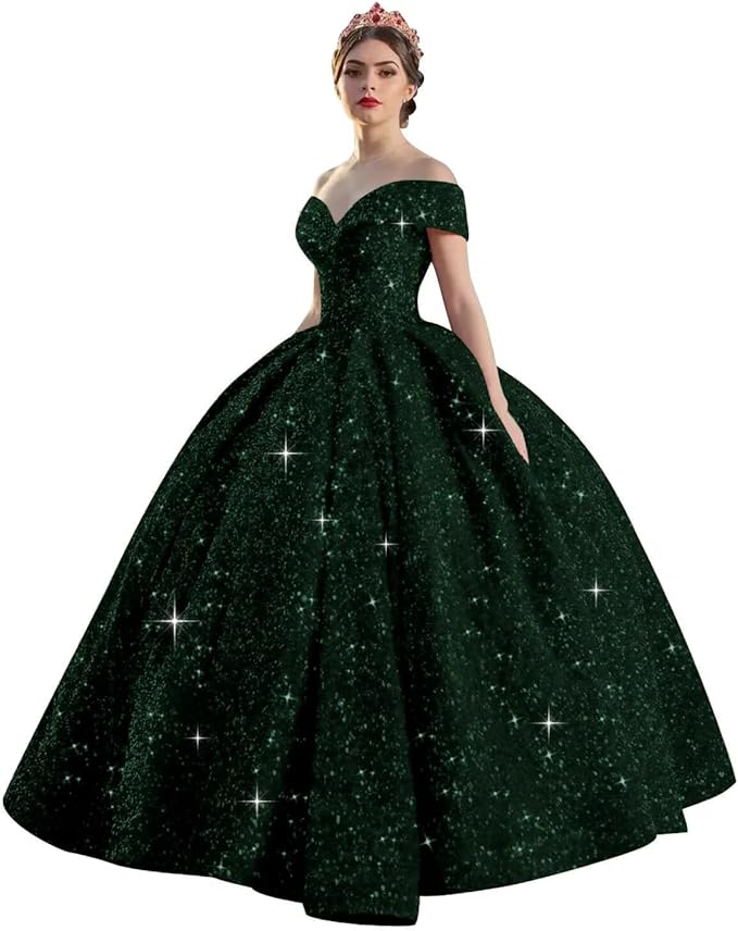 Quinceanera Dress Long Ball Gown Sparkly Sequin Off Shoulder V Neck Prom Dresses