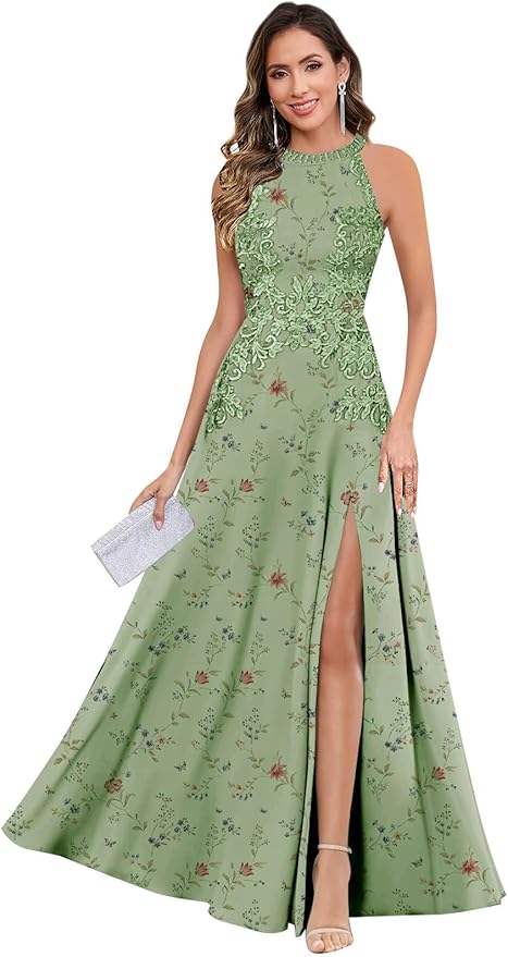 GUKARLEED Halter Lace Appliques Mother of The Bride Dresses for Women Long A-line Formal Wedding Guest Dress with Slit