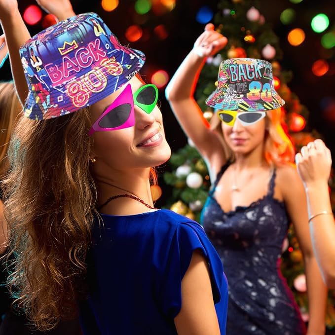 12 Pack Retro 80's 90's Party Bucket Hats With Neon Party Sunglasses, Funny 1980's 1990's Theme Party Hats Set, Retro Photo Booth Props Kit for Hip Hop Parties, Birthday, Wedding, Graduation, Outdoor