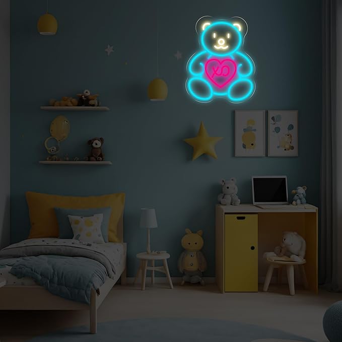 Blue Teddy Bear Neon Sign for Wall Decor, Cute XO Heart LED Neon Light for Girls’ Room & Teen Bedroom, Adorable Neon Wall Art for Valentine’s Day Gift & Cozy Bedroom Decor 15.8"x12.6"