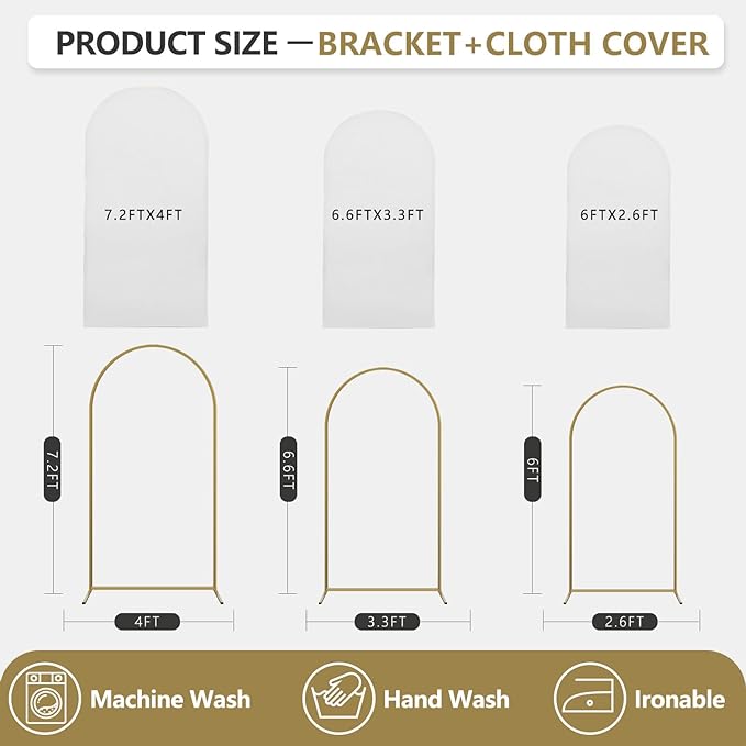 Arch Backdrop Stand and Cover Set, 3 Metal Balloon Arch Backdrop 7.2ft 6.6ft 6ft, Gold Arched Stand Frame for Wedding, Parties,Birthday, Backdrop Decorations (White,7.2ft+6.6ft+6ft)