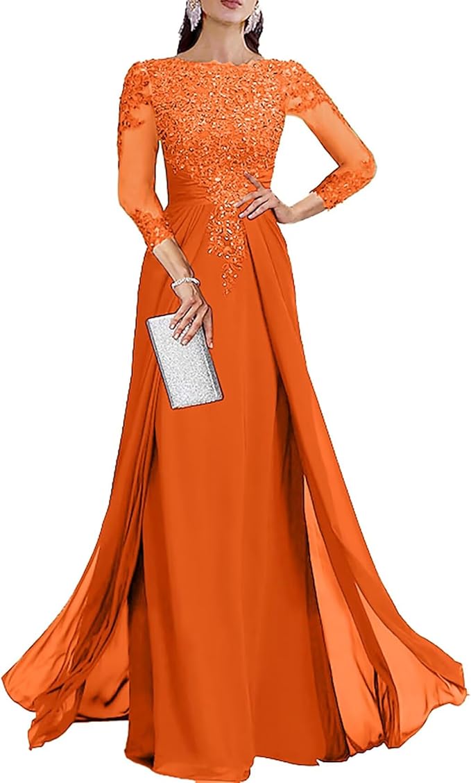 Long Sleeve Mother of The Bride Dresses for Wedding Lace Appliques Chiffon Formal Dress He6052