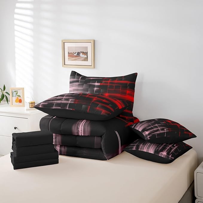 Feelyou Red and Pink Comforter Set with Sheets 7 Piece Twin Size Kids Geometric Bed in a Bag Strip Lines Bedding Set Abstract Art Bed Set with Comforter, Sheets,Pillowcases,Cushion Covers
