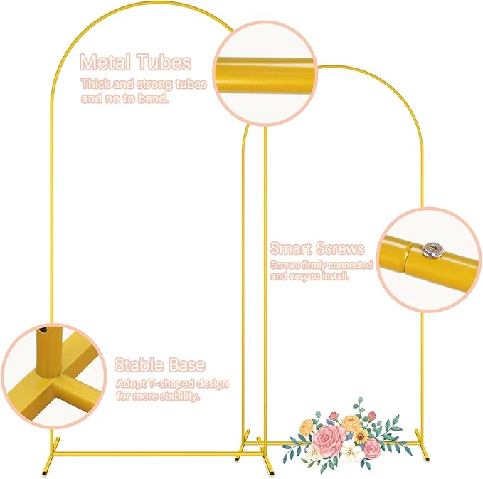 Set of 2 Wedding Arch Backdrop Stand and Cover Set 7.2FT & 6FT Gold Metal Arch Balloon Stand with Ivory Arch Cover Spandex Backdrop Covers Chiara Arched Frame for Baby Shower Party Ceremony Decor