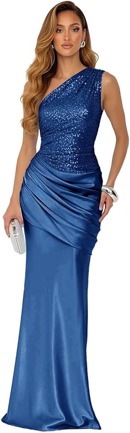 Sparkly Sequins Mermaid Prom Dress 2026 for Women Long Satin One Shoulder Asymmetrical Pleated Formal Evening Gown