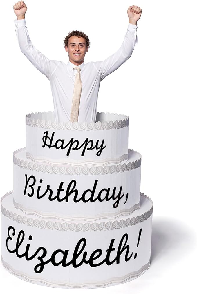 Anderson's White & Black Personalized Pop-Out Birthday Cake, Life-Size Faux Cake with Fun Font, Custom Name, Surprise Reveal Prop for Milestone Parties, Photo Ops, Store or Business Events, 4'x4'
