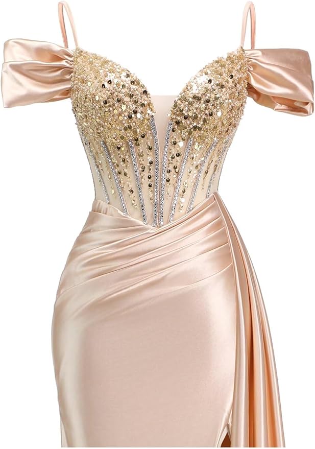 Rjer Off The Shoulder Satin Prom Dresses Long with Slit Tail 2026 Sequin Beaded Pleated Evening Ball Gown for Women Formal