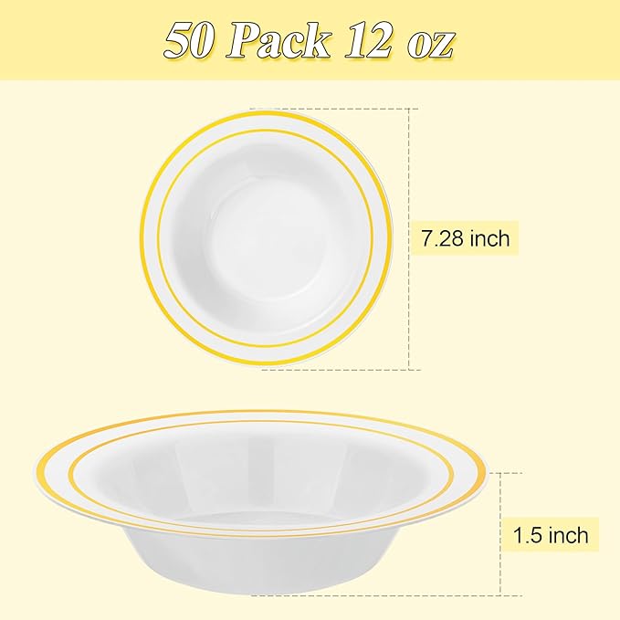 BESTSTAR 200 Pack Disposable Soup Bowls with Gold Rim, 12oz Premium Heavy Duty Plastic Dinner Bowls for Party, Wedding and Holiday