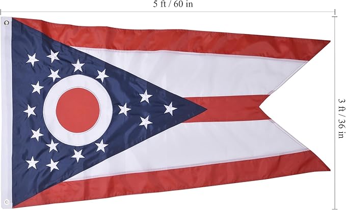 Ohio State Flag 3x5 Ft, Deluxe Embroidered Heavy Duty Polyester Durable OH Outside Flag, Indoor/Outdoor with Sewn Stripes and Brass Grommets