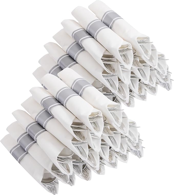 400PCS Pre Rolled Silver Plastic Silverware Sets - Heavy Duty Hammered Silver Cutlery - Include 100 Pack Wrapped Disposable Utensils with Napkins for Parties & Dinners & Weddings