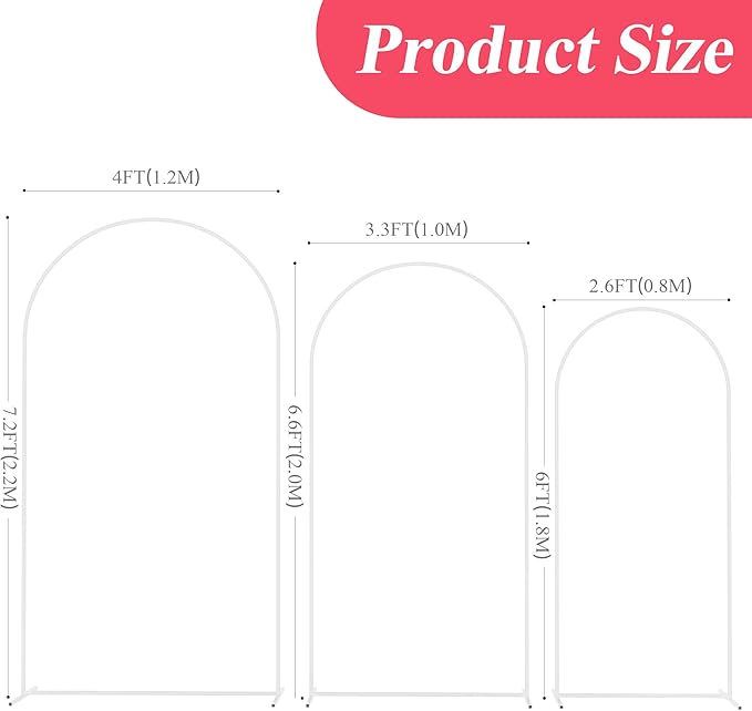 Asee'm Wedding Arch Stand Set of 3 (7.2FT, 6.6FT, 6FT) White Metal Arched Backdrop Frame for Ceremony Parties Birthday Baby Shower Garden Balloon Decoration