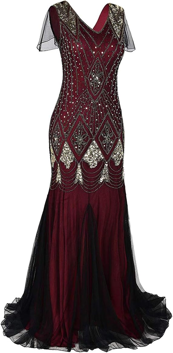 Women Vintage 1920s Gatsby Flapper Evening Party Dress V Neck Art Deco Sequins Mermaid Hem Cocktail Formal Long Maxi Gown