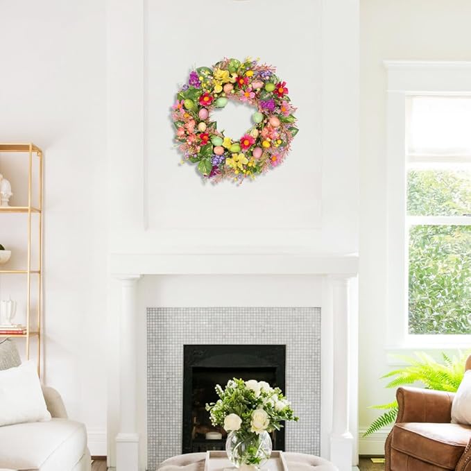 Briful Easter Wreath, 21.7'' Colorful Artificial Door Wreaths with Easter Eggs, Floral Wreaths for Fireplace Mantle Decor, Farmhouse Home Wall Window Decorations