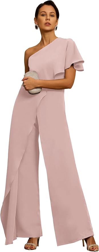 Mother of The Bride Jumpsuit Chiffon One Shoulder Ruffles Wedding Guest Pantsuit for Women