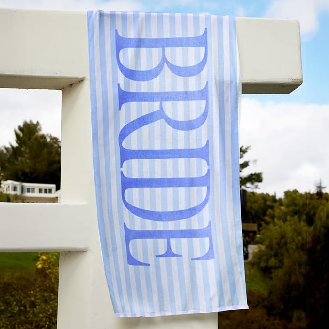 xo, Fetti Bride Blue Stripe Beach Towel - 100% Cotton | Bachelorette Decorations, Coastal Bridal Shower Gift, Poolside Bride to Be, Bridesmaid Gift, Beach Bach Supplies