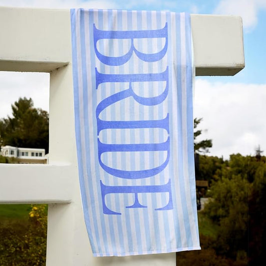 xo, Fetti Bride Blue Stripe Beach Towel - 100% Cotton | Bachelorette Decorations, Coastal Bridal Shower Gift, Poolside Bride to Be, Bridesmaid Gift, Beach Bach Supplies