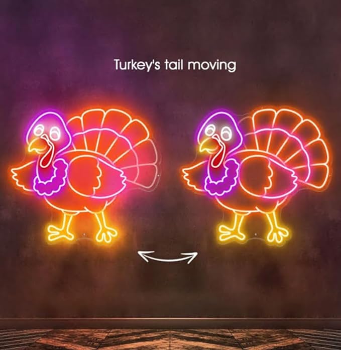 3D Turkey Tail Moving Neon Sign, Turkey Thank Giving days, Thanksgiving Rooster Turkey Neon Sign, Thanksgiving party Decor Size:20x18inches