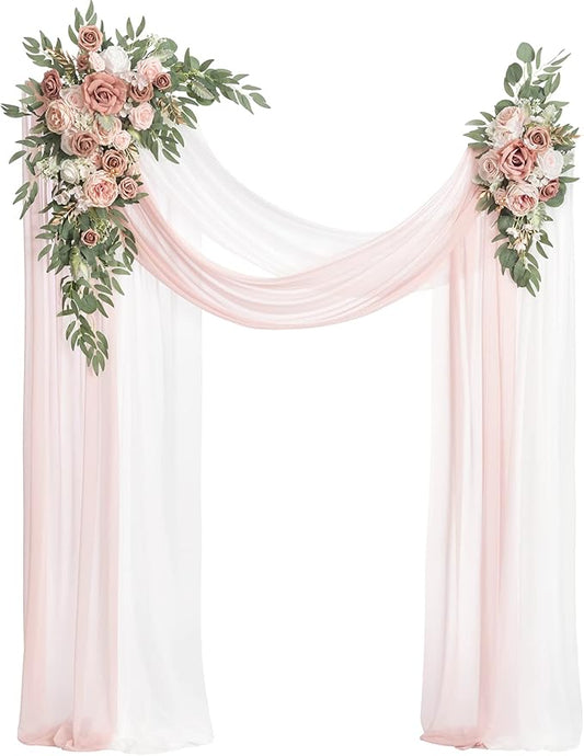 Ling's moment Pink Artificial Wedding Arch Flowers Kit Pack of 4, 2pcs Hanging Flower Arrangement 2pcs Chiffon Drapes Ceremony Reception Spring Silk Rose Arbor Backdrop Floral Garden Outdoor Decor