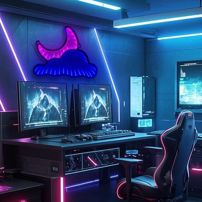 Infinity Mirror LED Neon Sign Wall Decor – Cloud & Moon 3D Light for Bedroom, Game Room, Living Room, USB Powered Aesthetic Night Lamp, Blue Pink Ambient Neon Wall Art, Layered Acrylic PET Design 12"x9"