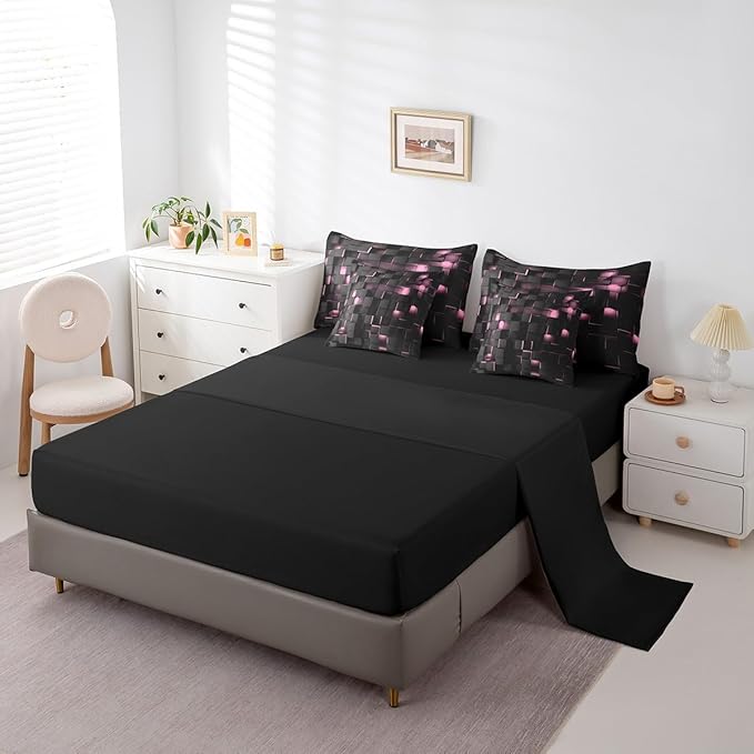 Feelyou Pink and Black Bedding Set Full Size Kids Light Geometric Comforter Set with Sheets 7 Piece Bed in a Bag forModern Bed Set with Comforter,Sheets,Pillowcases,Cushion Covers