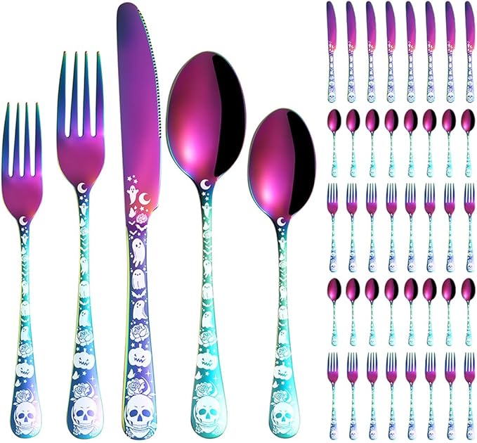 XIAOYU 40 Piece Halloween Gothic Skull Pattern Silverware Set, Stainless Steel Flatware Set for 8, Tableware Cutlery Set with Unique Skull Design, Perfect for Halloween Easter and Christmas, Rainbow