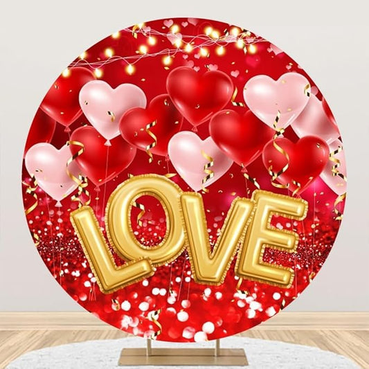 Valentine's Round Backdrop Cover Red Glitter Heart Balloons Love Lights Sweethearts Romantic Lover Photography Background Wedding Anniversary Party Banner Party Props 7.5ft