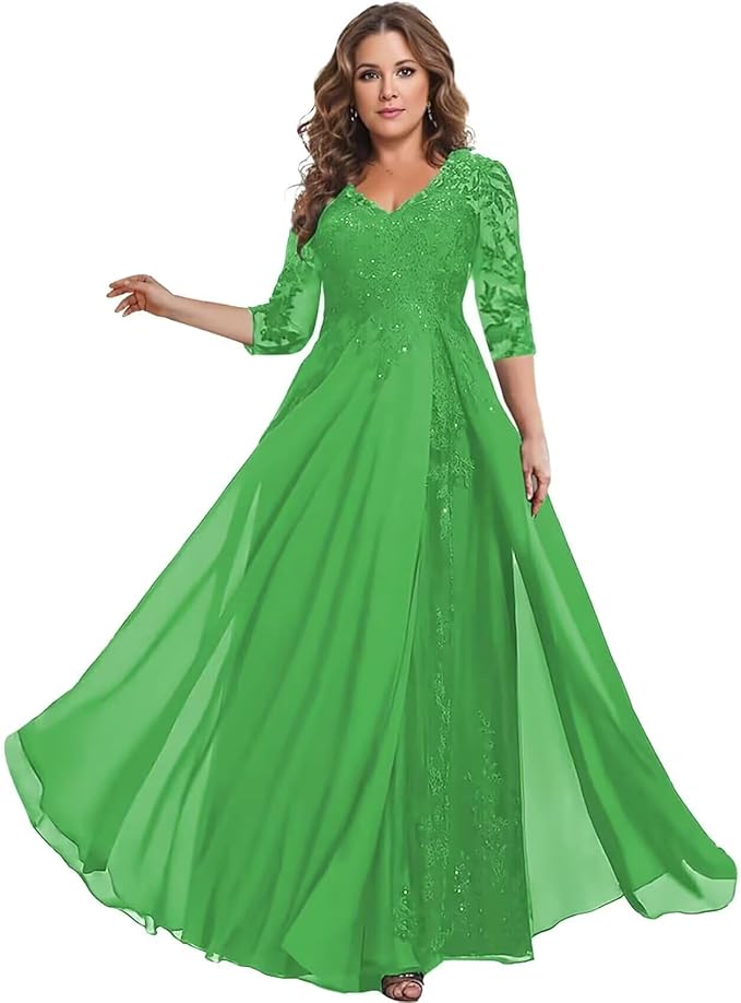 Long Sleeve Mother of The Bride Dress for Wedding Chiffon Lace Applique Formal Gowns BOF163