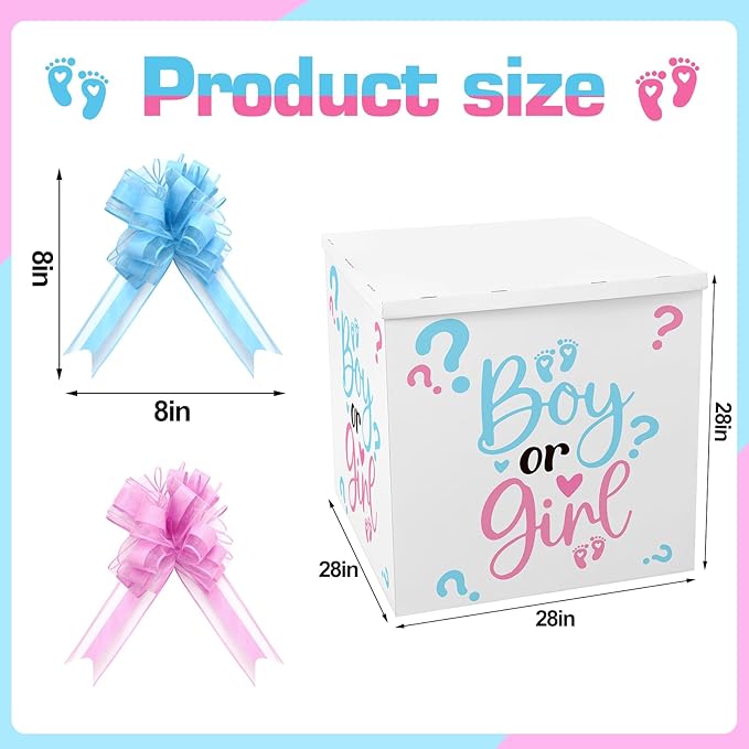 AmazingSpark 28in Jumbo Gender Reveal Gift Box Kit with Oversized Box Giant Pull Bows Boy or Girl Stickers for Gender Reveal Baby Shower Birthday Party Decor