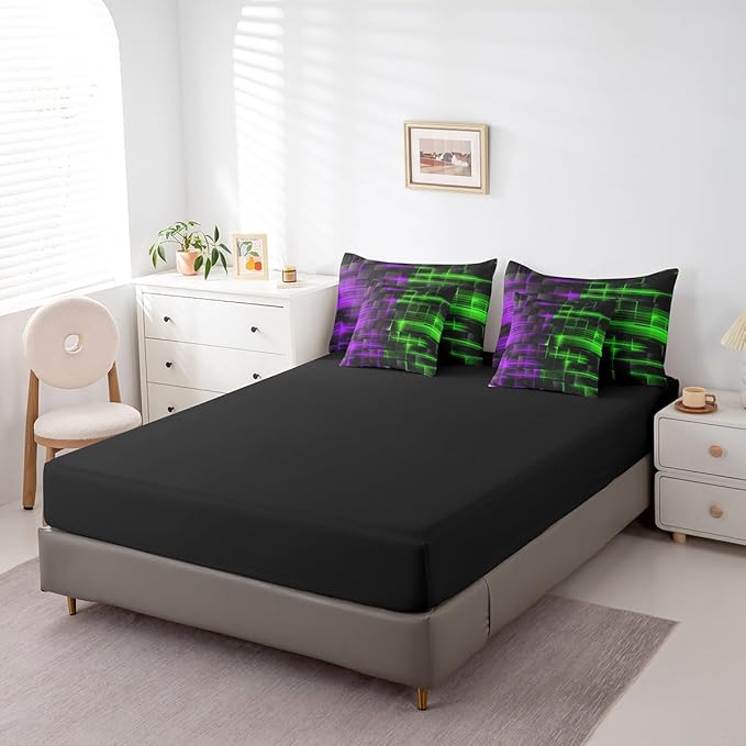 Feelyou Green and Purple Comforter Set with Sheets 7 Piece King Size Kids Geometric Bed in a Bag Strip Lines Bedding Set Abstract Art Bed Set with Comforter, Sheets,Cushion Covers