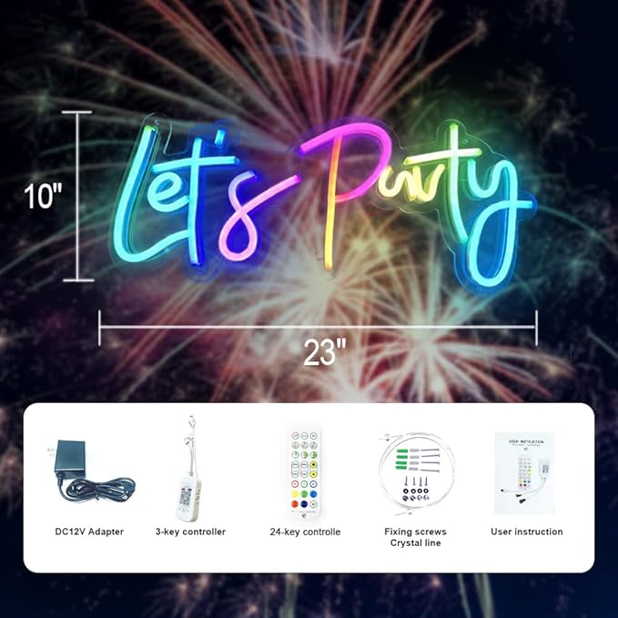 JXIN Colorful Lets Party Neon Sign for Wall Decor, Let's Party Sign for Birthday Wedding Party, Color Changing Light with Remote, Music Sync, Timing & APP Control, Gifts for Loved Ones, 23"x10"