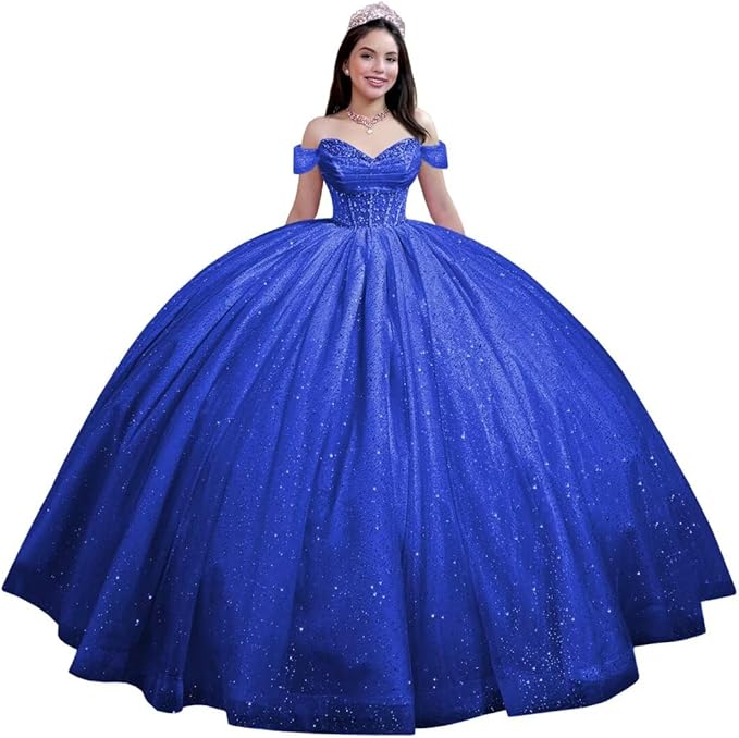 Youjiayi Glitter Tulle Quinceanera Dresses with Train Off Shoulder Beaded Sweet 16 Dresses Pleated Long Ball Gown for Women