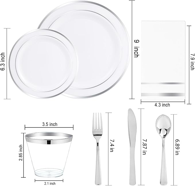 NOCCUR 700PCS Silver Plastic Plates Disposable for 100 Guests - Include 100 Dinner/Dessert White Plastic Plates with Silver Trim,300 Cutlery,100 Cups,100 Napkins for Party&Wedding